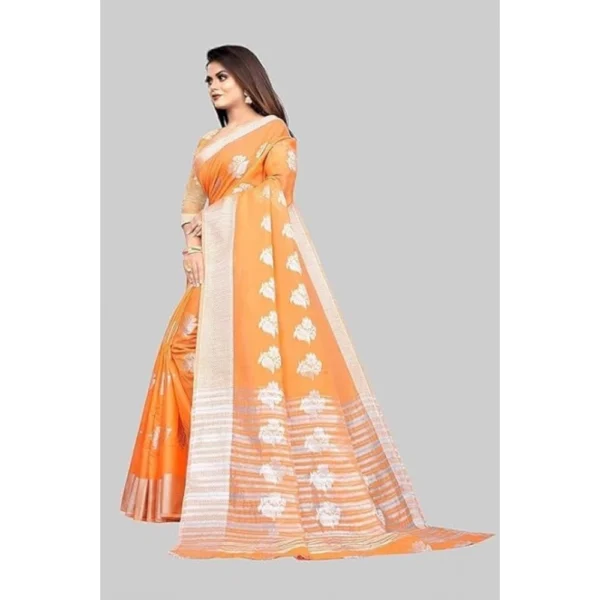 Cotton Silk Floral Saree With Unstitched Blouse (Orange, 5.5 Mtr) - Image 5