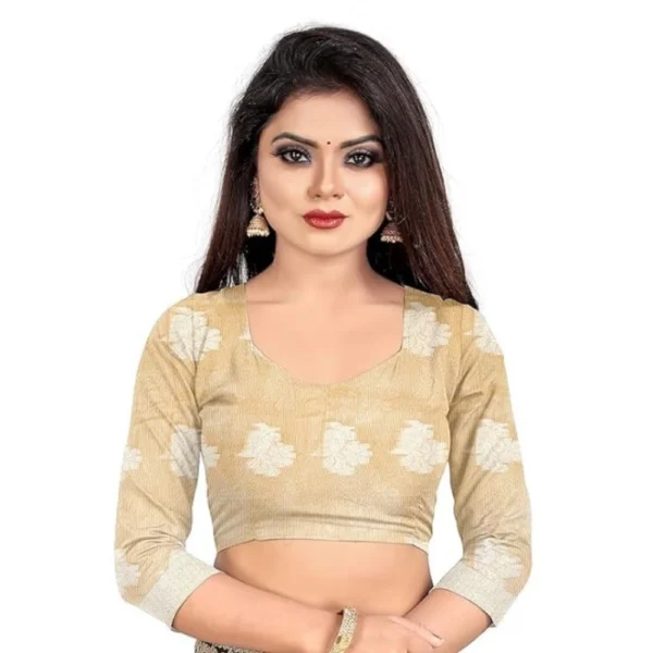 Cotton Silk Floral Saree With Unstitched Blouse (Beige, 5.5 Mtr) - Image 3
