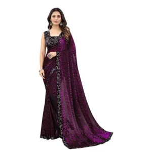 Lycra Floral Saree With Unstitched Blouse (Wine, 5.5 Mtr)