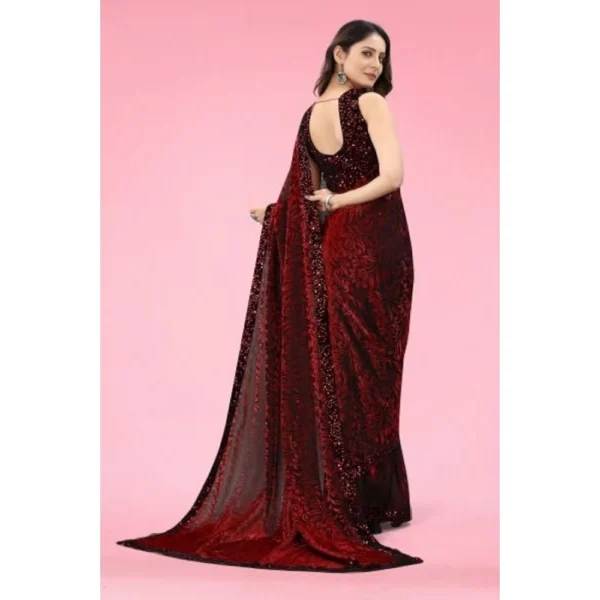 Lycra Floral Saree With Unstitched Blouse (Maroon, 5.5 Mtr) - Image 3
