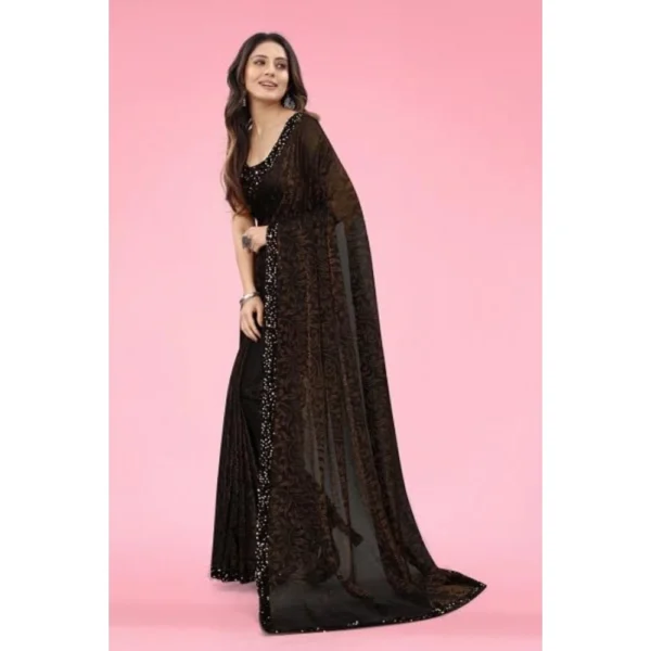 Lycra Floral Saree With Unstitched Blouse (Brown, 5.5 Mtr) - Image 4