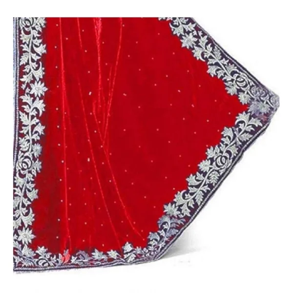 Velvet Embroidered Saree With Unstitched Blouse (Red, 5.5 Mtr) - Image 2