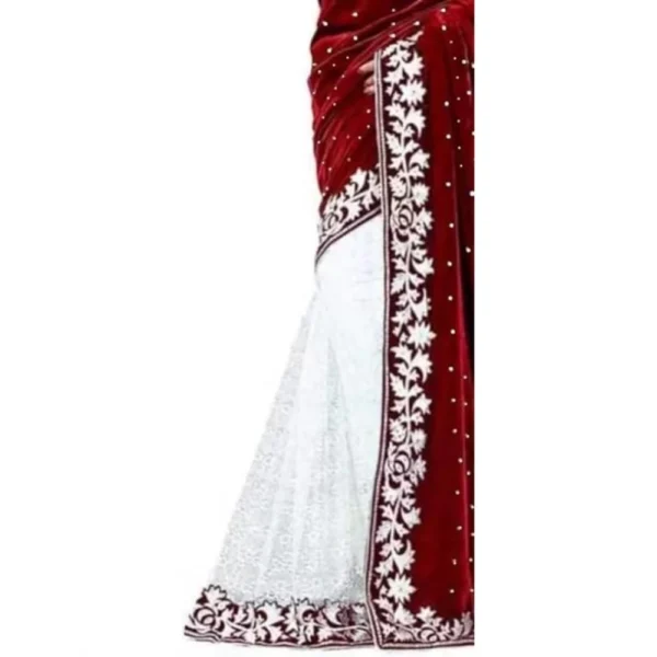Velvet Embroidered Saree With Unstitched Blouse (Maroon, 5.5 Mtr) - Image 3