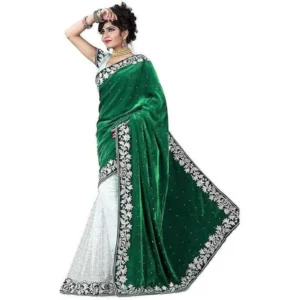 Velvet Embroidered Saree With Unstitched Blouse (Green, 5.5 Mtr)