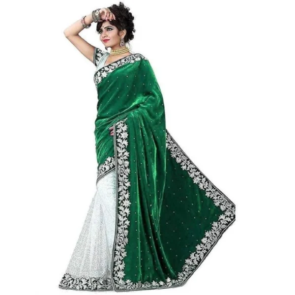 Velvet Embroidered Saree With Unstitched Blouse (Green, 5.5 Mtr)