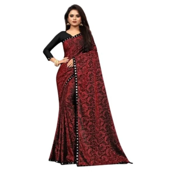 Lycra Solid Saree With Unstitched Blouse (Maroon, 5.5 Mtr)