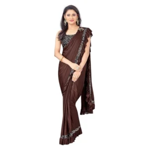 Lycra Solid Saree With Unstitched Blouse (Brown, 5.5 Mtr)