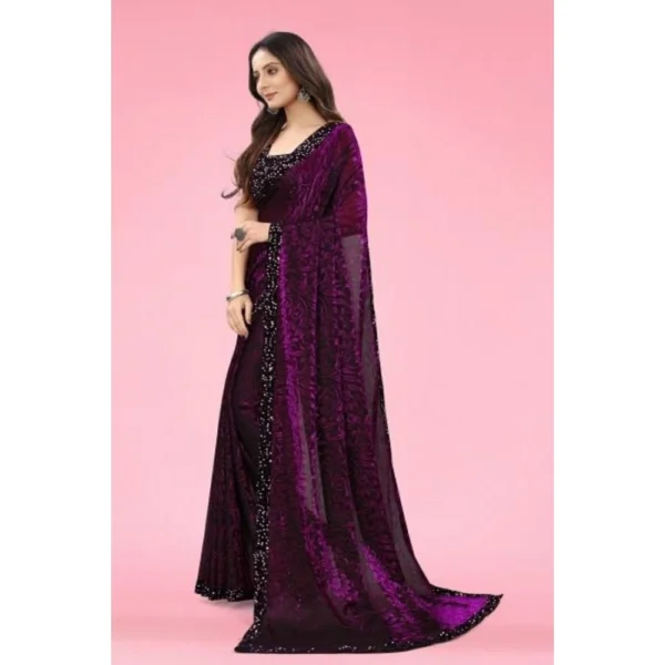 Lycra Floral Saree With Unstitched Blouse (Wine, 5.5 Mtr) - Image 4