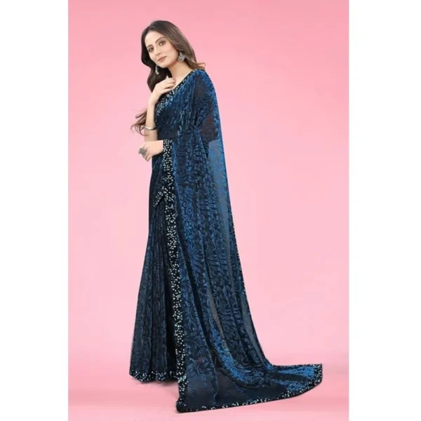 Lycra Floral Saree With Unstitched Blouse (Blue, 5.5 Mtr) - Image 5