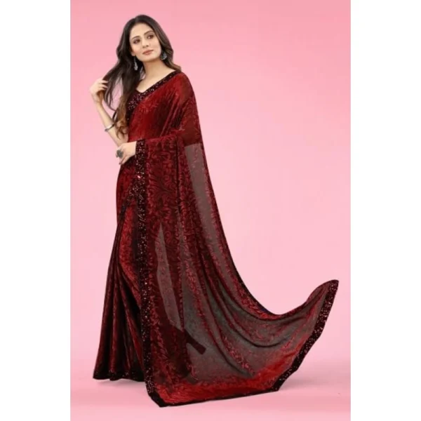 Lycra Floral Saree With Unstitched Blouse (Maroon, 5.5 Mtr) - Image 4