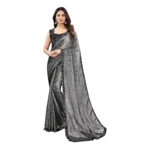 Lycra Floral Saree With Unstitched Blouse (Grey, 5.5 Mtr)
