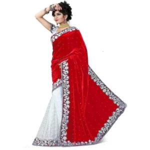 Velvet Embroidered Saree With Unstitched Blouse (Red, 5.5 Mtr)