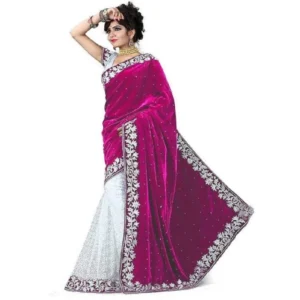 Velvet Embroidered Saree With Unstitched Blouse (Pink, 5.5 Mtr)