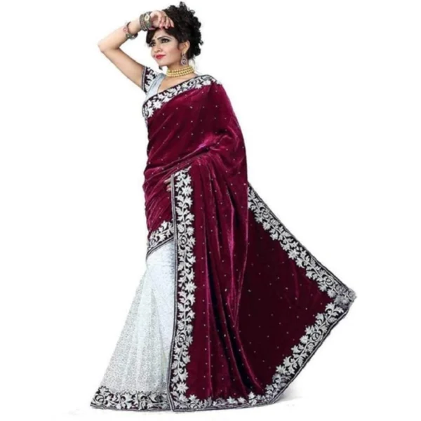 Velvet Embroidered Saree With Unstitched Blouse (Maroon, 5.5 Mtr)
