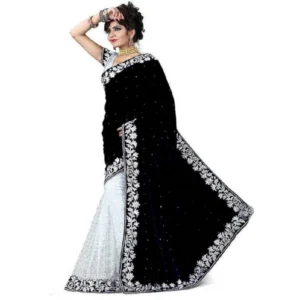 Velvet Embroidered Saree With Unstitched Blouse (Black, 5.5 Mtr)