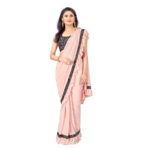 Lycra Solid Saree With Unstitched Blouse (Peach, 5.5 Mtr)