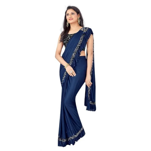 Lycra Solid Saree With Unstitched Blouse (Nay Blue, 5.5 Mtr) - Image 4