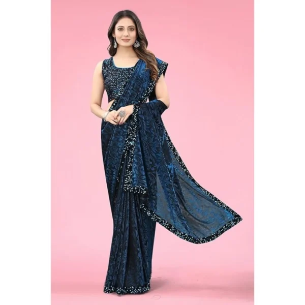 Lycra Floral Saree With Unstitched Blouse (Blue, 5.5 Mtr) - Image 4