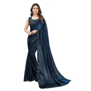Lycra Floral Saree With Unstitched Blouse (Blue, 5.5 Mtr)