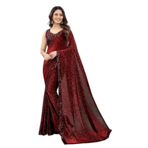 Lycra Floral Saree With Unstitched Blouse (Maroon, 5.5 Mtr)