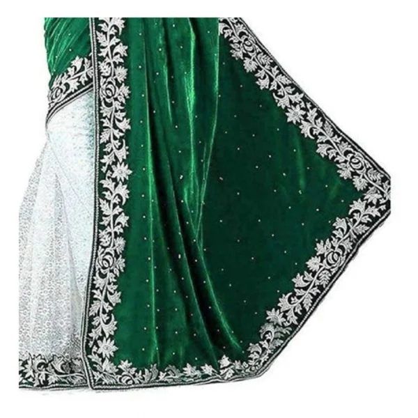 Velvet Embroidered Saree With Unstitched Blouse (Green, 5.5 Mtr) - Image 2