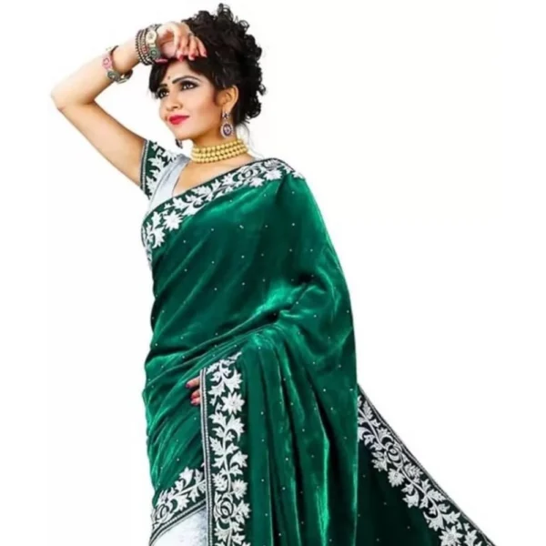 Velvet Embroidered Saree With Unstitched Blouse (Green, 5.5 Mtr) - Image 3