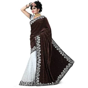 Velvet Embroidered Saree With Unstitched Blouse (Brown, 5.5 Mtr)