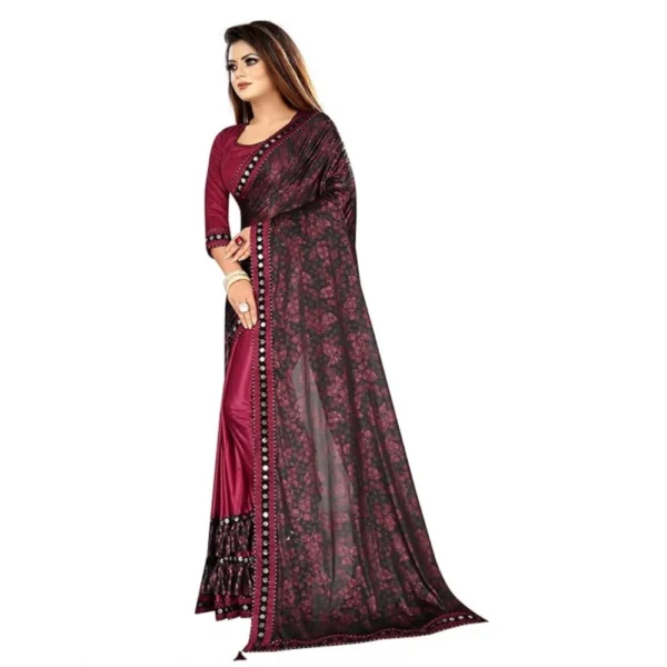 Lycra Solid Saree With Unstitched Blouse (Maroon, 5.5 Mtr) - Image 3