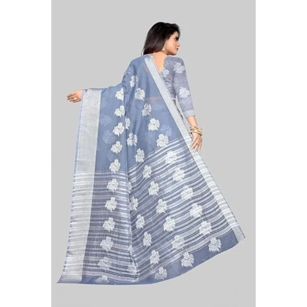 Cotton Silk Floral Saree With Unstitched Blouse (Grey, 5.5 Mtr) - Image 3