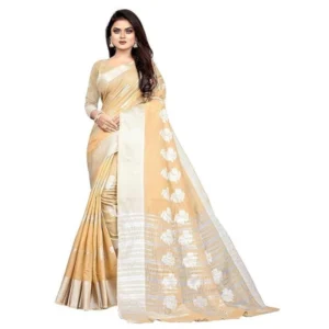 Cotton Silk Floral Saree With Unstitched Blouse (Beige, 5.5 Mtr)