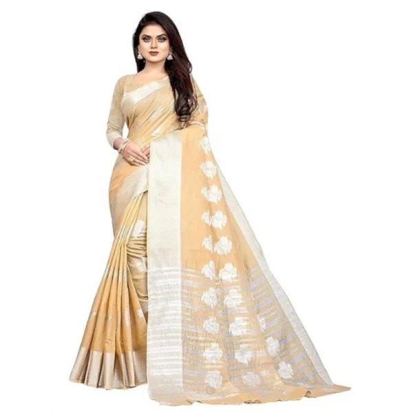 Cotton Silk Floral Saree With Unstitched Blouse (Beige, 5.5 Mtr)