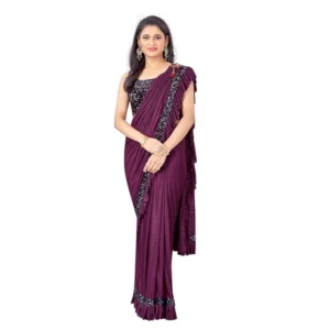 Lycra Solid Saree With Unstitched Blouse (Wine, 5.5 Mtr)
