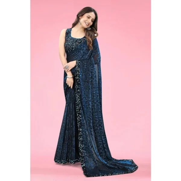 Lycra Floral Saree With Unstitched Blouse (Blue, 5.5 Mtr) - Image 3