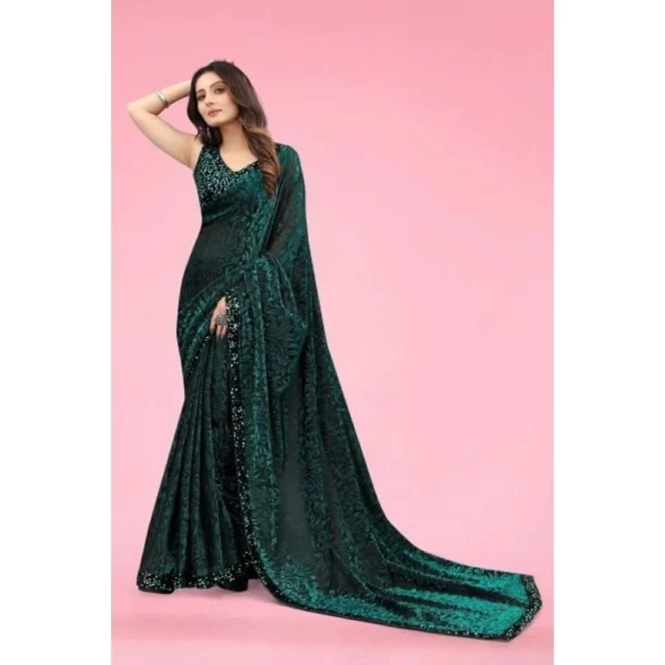 Lycra Floral Saree With Unstitched Blouse (Green, 5.5 Mtr) - Image 4