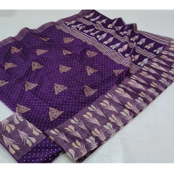 Cotton Silk Printed Saree With Unstitched Blouse (Purple, 5-5 Mtrs)