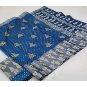 Cotton Silk Printed Saree With Unstitched Blouse (Blue, 5-5 Mtrs)