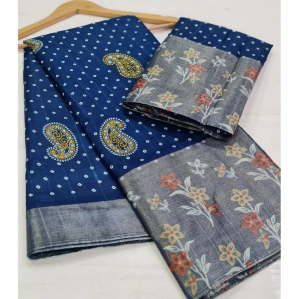 Cotton Silk Printed Saree With Unstitched Blouse (Blue, 5-5 Mtrs)