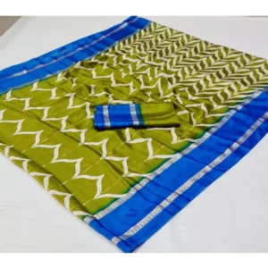 Cotton Printed Saree With Unstitched Blouse (Light-Green, 5-5 Mtrs)