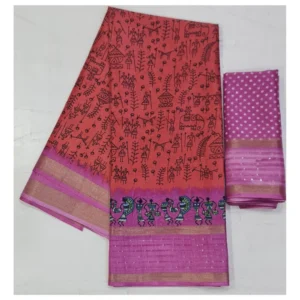 Cotton Printed Saree With Unstitched Blouse (Peach, 5-5 Mtrs)