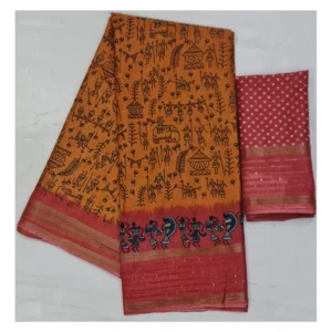 Cotton Printed Saree With Unstitched Blouse (Orange, 5-5 Mtrs)