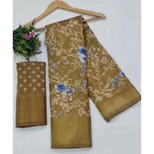 Cotton Printed Saree With Unstitched Blouse (Yellow, 5-5 Mtrs)