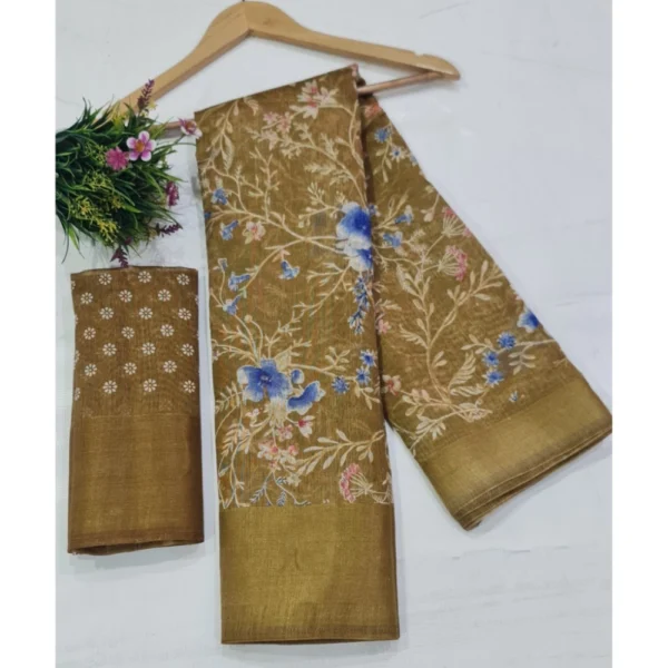 Cotton Printed Saree With Unstitched Blouse (Yellow, 5-5 Mtrs)