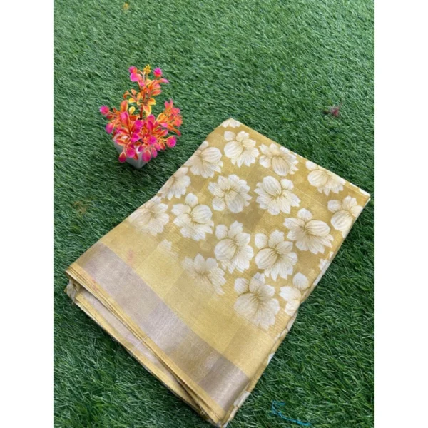 Cotton Printed Saree With Unstitched Blouse (Yellow, 5-5 Mtrs)