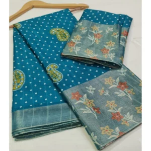 Cotton Silk Printed Saree With Unstitched Blouse (Light-Blue, 5-5 Mtrs)