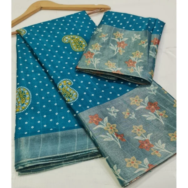 Cotton Silk Printed Saree With Unstitched Blouse (Light-Blue, 5-5 Mtrs)