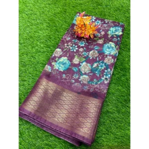 Cotton Printed Saree With Unstitched Blouse (Purple, 5-5 Mtrs)
