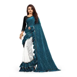 Silk With Mirror Lace Solid Saree With Unstitched Blouse (Rama, 5-5 Mtrs)