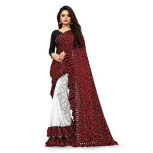 Silk With Mirror Lace Solid Saree With Unstitched Blouse (Red, 5-5 Mtrs)