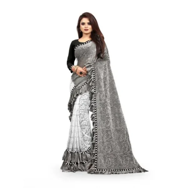 Silk With Mirror Lace Solid Saree With Unstitched Blouse (Grey, 5-5 Mtrs)