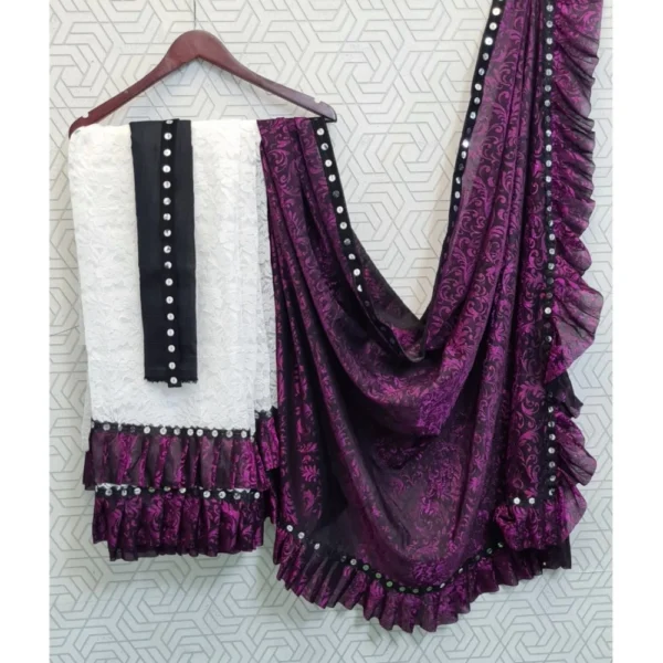 Silk With Mirror Lace Solid Saree With Unstitched Blouse (Pink, 5-5 Mtrs) - Image 2